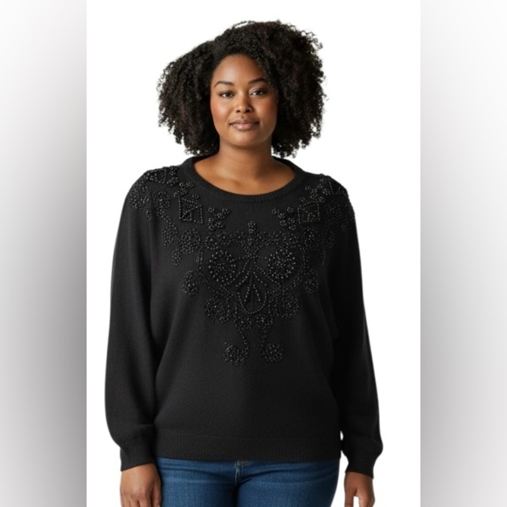VTG ViVien Forest Lambswool/Angora Beaded Embellished Sweater Sz L Black Cozy